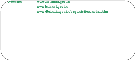 Rounded Rectangle: Scientist In-charge
Project Registry Cell
Department of Biotechnology
Block 2, 7th Floor
C.G.O. Complex, Lodi Road
New Delhi  110 003
 
Website:                www.dbtindia.gov.in
www.btisnet.gov.in
www.dbtindia.gov.in/organistion/nodal.htm
 
